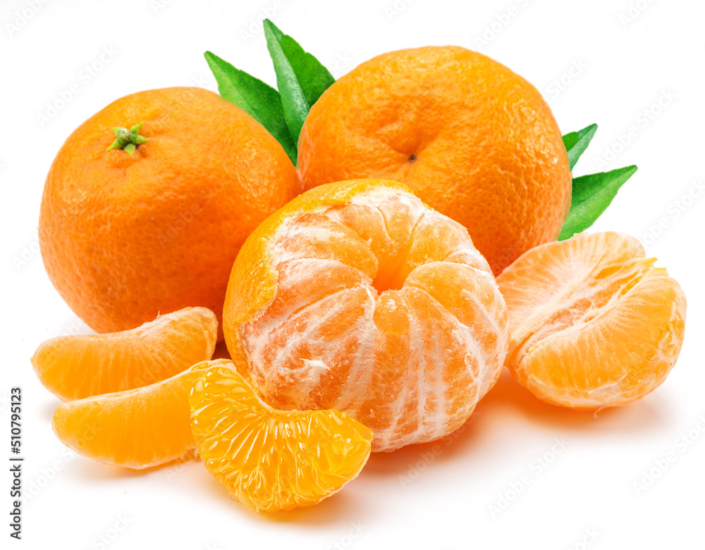 Ripe tangerine fruits with leaf and mandarin slices on white background. Ripe tangerine fruits with leaf and mandarin slices on white background.