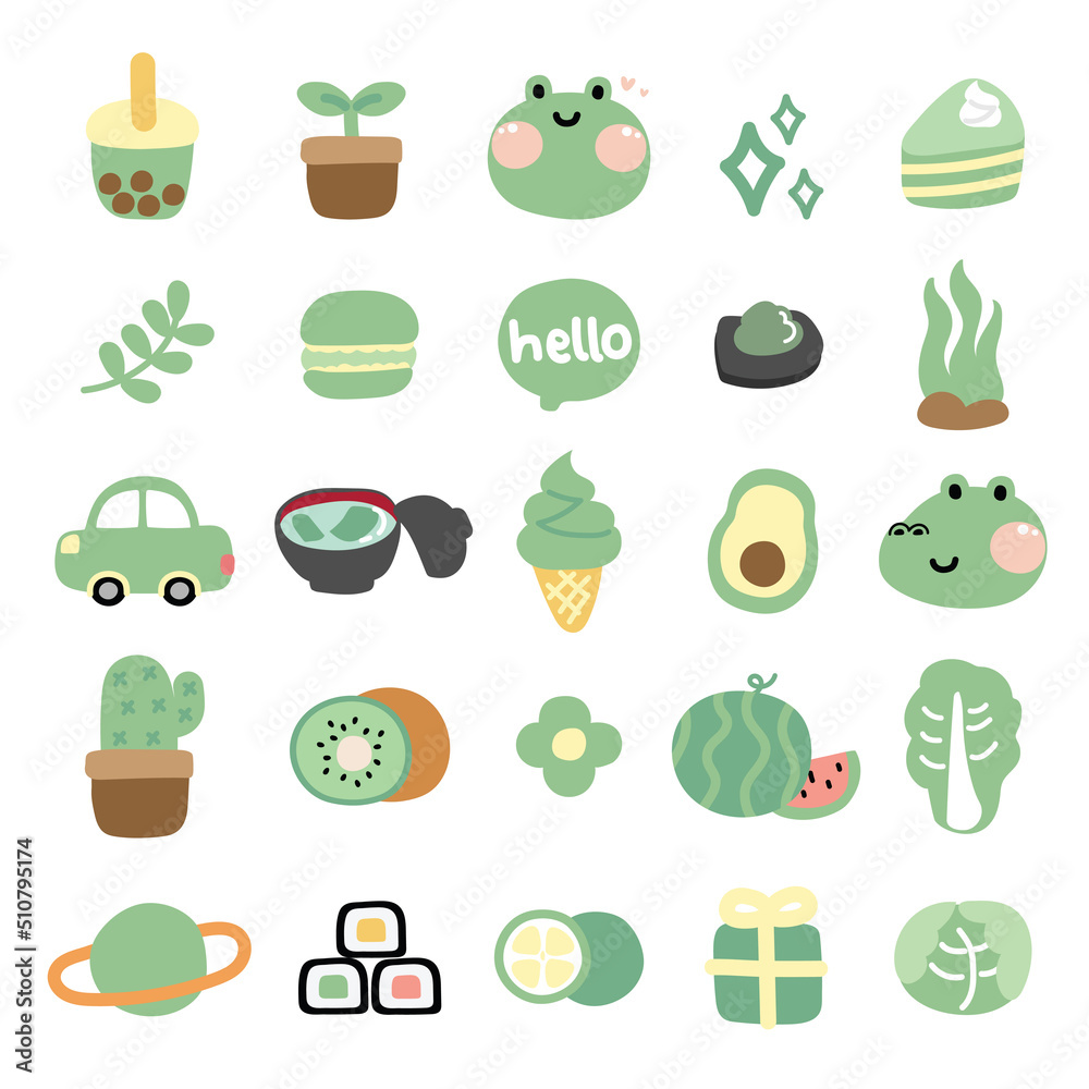 Set of cute cartoon hand drawn.Green color concept.Beverage,plant
