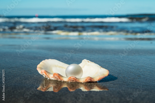 Beautiful pearl in the pearl shell on the shining black sand beach. Sea and blue sky.