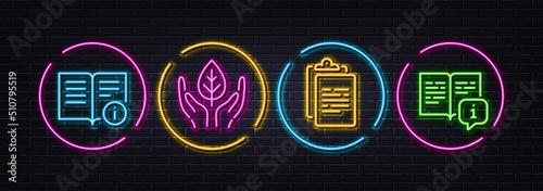 Technical info, Fair trade and Clipboard minimal line icons. Neon laser 3d lights. Manual icons. For web, application, printing. Documentation, Safe nature, Survey document. Read book. Vector