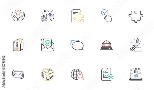 Internet search, Strategy and Report checklist line icons for website, printing. Collection of Innovation, Puzzle, Confirmed mail icons. Idea, Air fan, Talk bubble web elements. Ranking. Vector