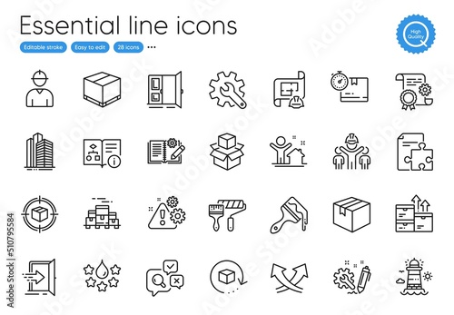 Engineering team, Paint roller and Wholesale goods line icons. Collection of Open door, Delivery box, Entrance icons. Technical algorithm, Packing boxes, Return package web elements. Vector