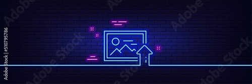 Neon light glow effect. Upload photo line icon. Image thumbnail sign. Picture placeholder symbol. 3d line neon glow icon. Brick wall banner. Upload photo outline. Vector