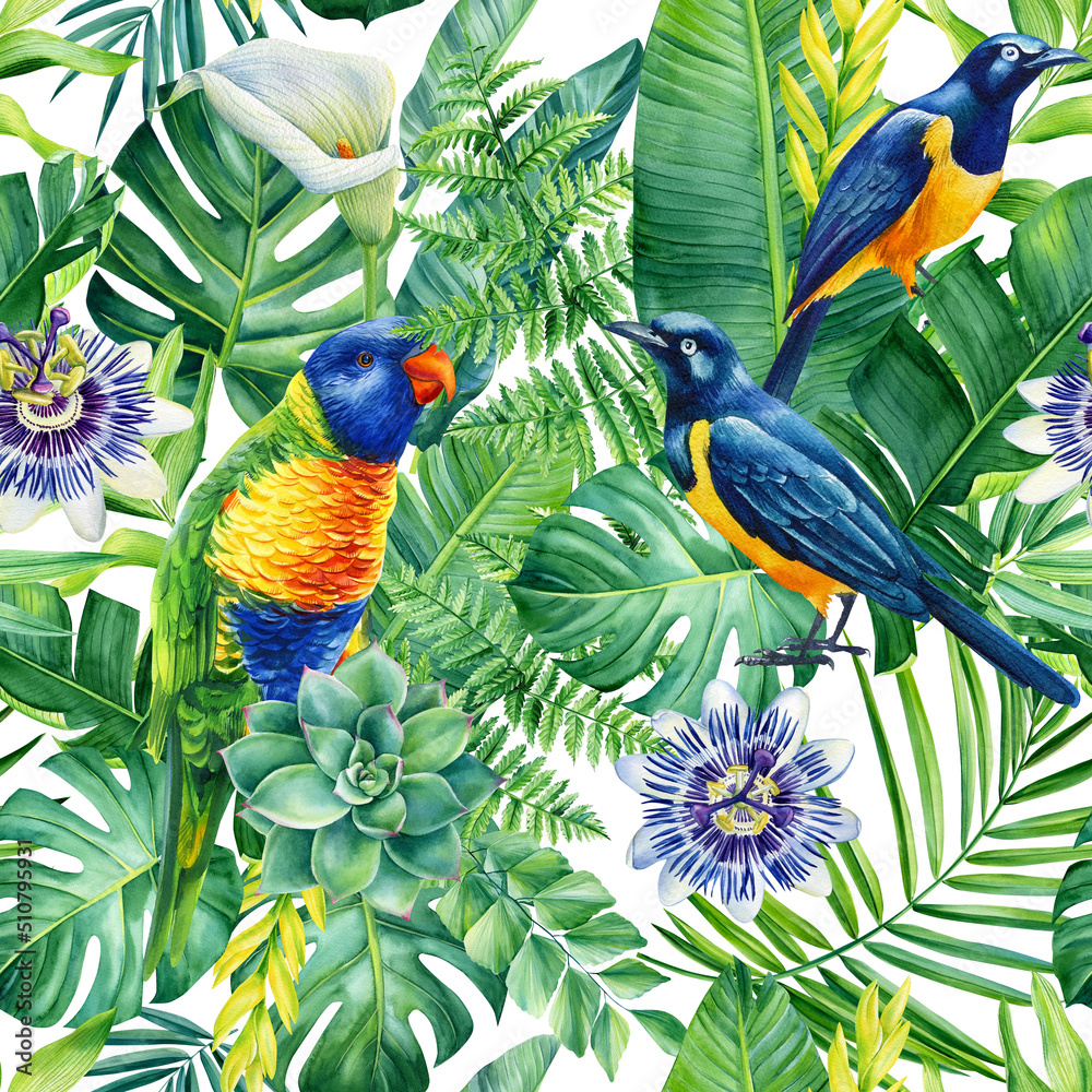 Flowers, tropical palm leaves and bird watercolor hand drawing. Floral seamless pattern