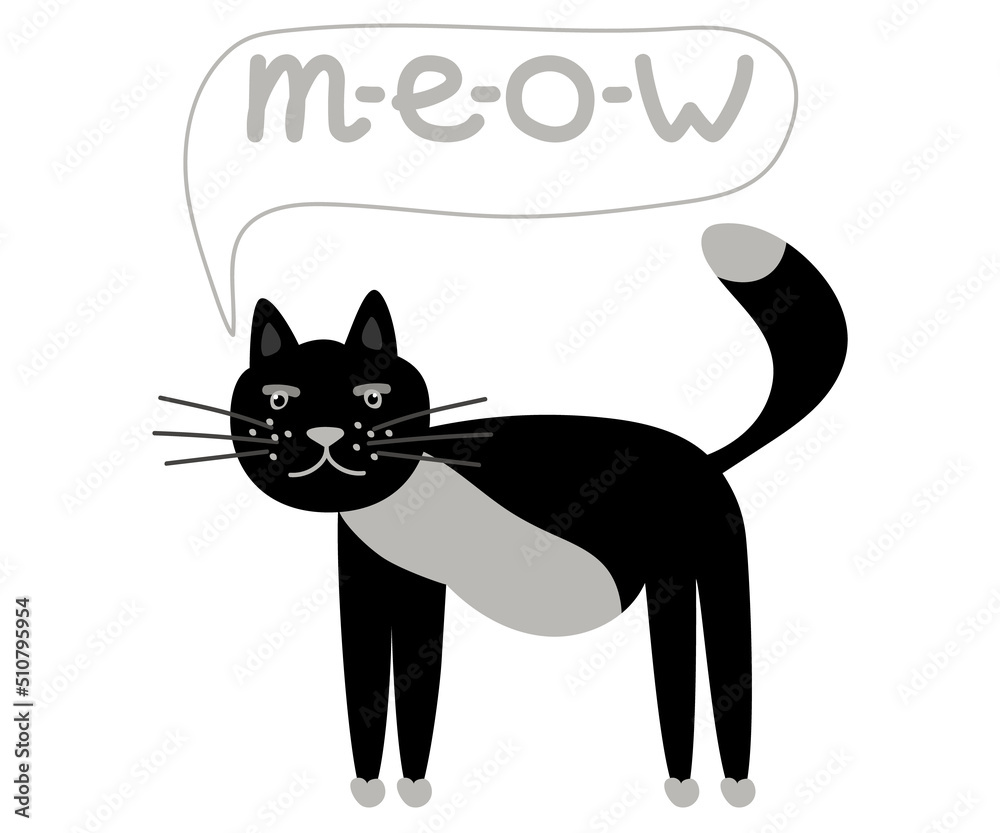 Meowler Black serious cat with a mustache meows. Cute and fat. Vector cartoon ...