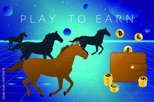 P2E, Play to Earn concept design. Earn cryptocurrency with horse derby. Running horses and crypto wallet on cyberspace background.