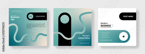 Business social media layouts with teal accent, black contrast elements, circle,  abstract path line, instagram and facebook templates with place for photos, digital marketing banners, square advert	
