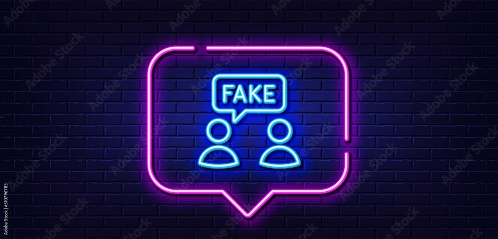 Neon light speech bubble. Fake information line icon. Social propaganda sign. Wrong truth symbol. Neon light background. Fake information glow line. Brick wall banner. Vector Neon light speech bubble. Fake information line icon. Social propaganda sign. Wrong truth symbol. Neon light background. Fake information glow line. Brick wall banner. Vector