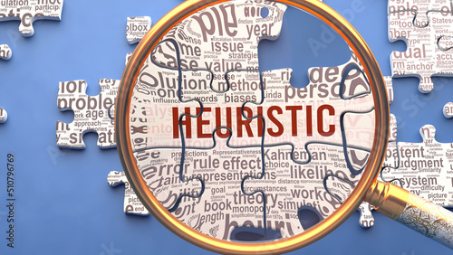 Heuristic as a complex and multipart topic under close inspection. Complexity shown as matching puzzle pieces defining dozens of vital ideas and concepts about Heuristic,3d illustration photo