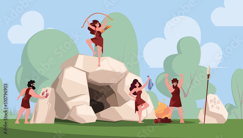 Cave man. Prehistorical period neandrathal people survive near bonfire garish vector cartoon background
