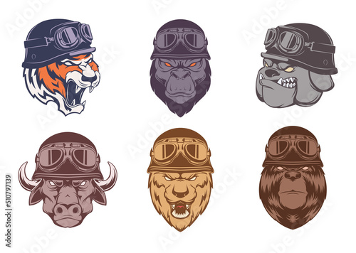 Animals bikers. Wild aggressive animals heads in helmets sport riders symbols motorbike club emblems exact vector templates set isolated photo