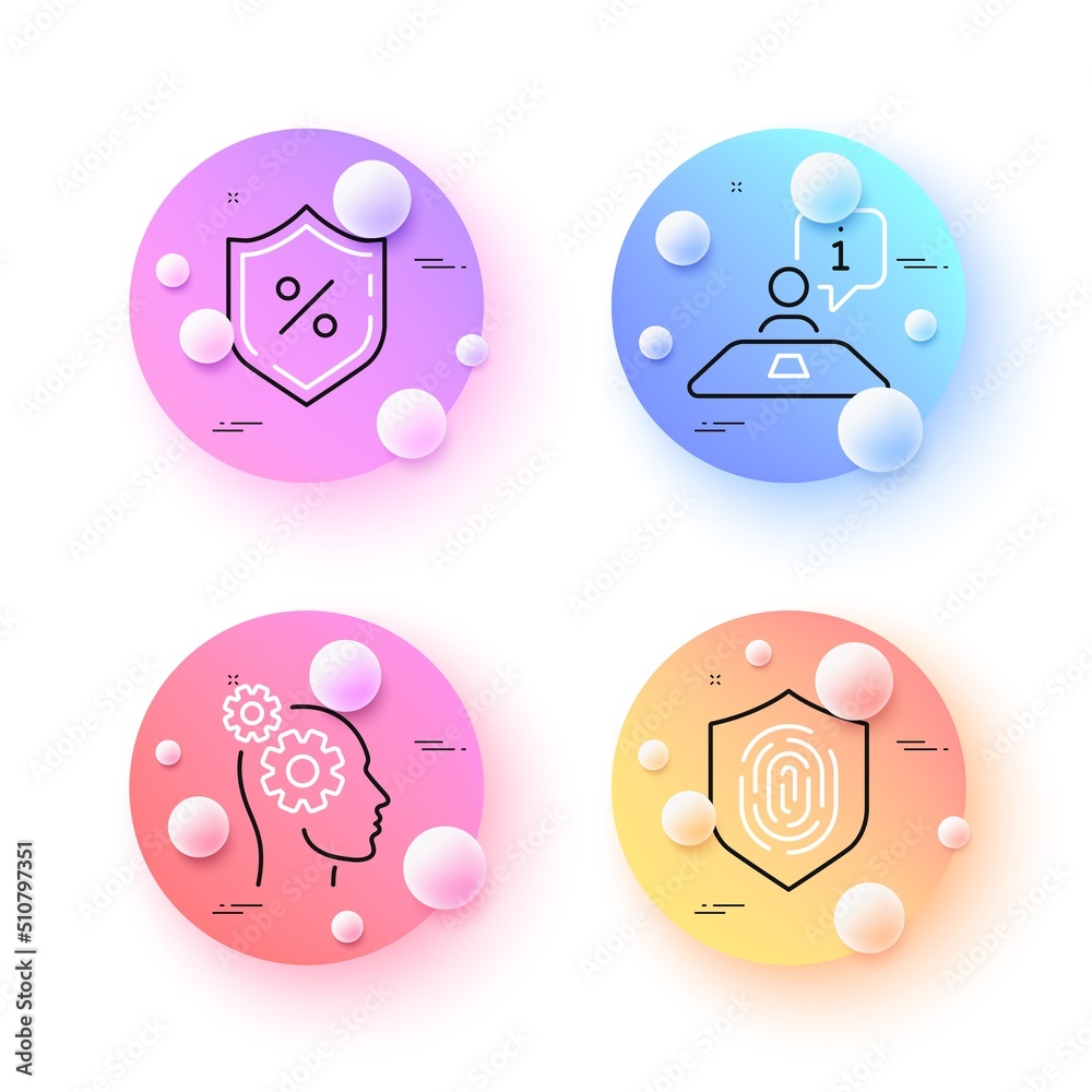 Thoughts, Interview and Loan percent minimal line icons. 3d spheres or balls buttons. Fingerprint icons. For web, application, printing. Business work, Job meeting, Protection shield. Vector Thoughts, Interview and Loan percent minimal line icons. 3d spheres or balls buttons. Fingerprint icons. For web, application, printing. Business work, Job meeting, Protection shield. Vector