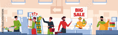 Buyers in market. People shopping products in retail store garish vector cartoon background illustration