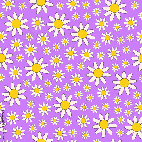 Retro seamless pattern of colorful hippie daisy flowers on a light purple background. Vintage festive groovy botanical design. Trendy vector illustration in 70s and 80s style.