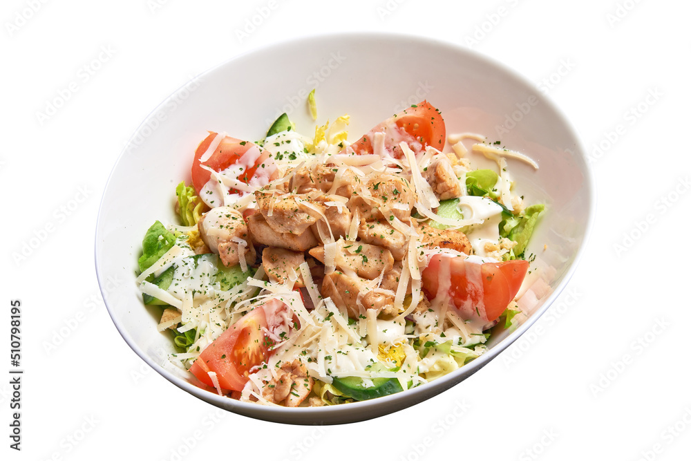 White Bowl with Caesar salad isolated with clipping path White Bowl with Caesar salad isolated with clipping path