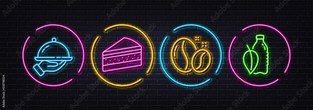 Cake, Restaurant food and Coffee beans minimal line icons. Neon laser 3d lights. Water bottle icons. For web, application, printing. Sweet cake, Room service, Roasted seeds. Mint leaf drink. Vector