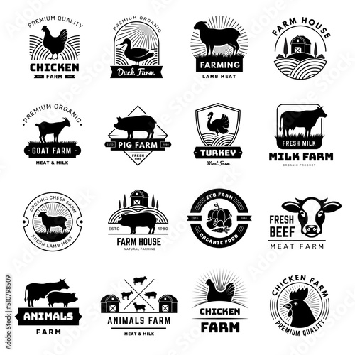 Rural badges. Farm emblems with domestic animals pork horses cows chicken goose country symbols recent vector templates with place for text