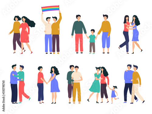 Homosexual people. Multiracial lgbt community loving lesbian and gay persons recent vector characters in flat style