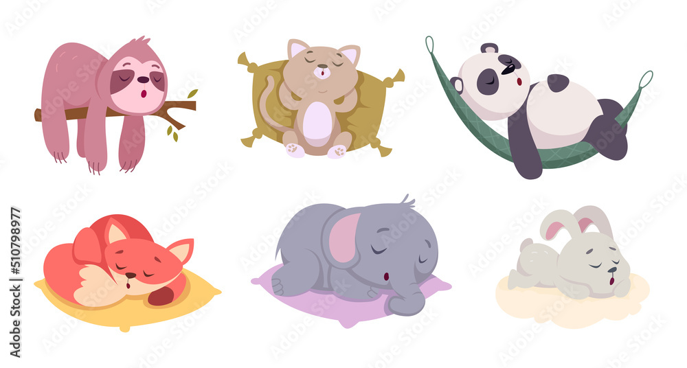 Sleeping animals. Cute funny wild animals in relaxing poses exact vector cartoon characters collection Stock Vector | Adobe Stock Sleeping animals. Cute funny wild animals in relaxing poses exact vector cartoon characters collection Stock Vector | Adobe Stock