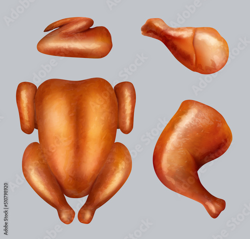 Grill chicken. Realistic fryed birds on dishes cooking delicious food on plate decent vector chicken illustrations