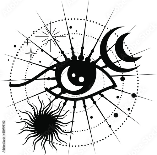 Eye. Eye contour. Eye symbol. Mystical symbols. Esoterics. Sun and moon.