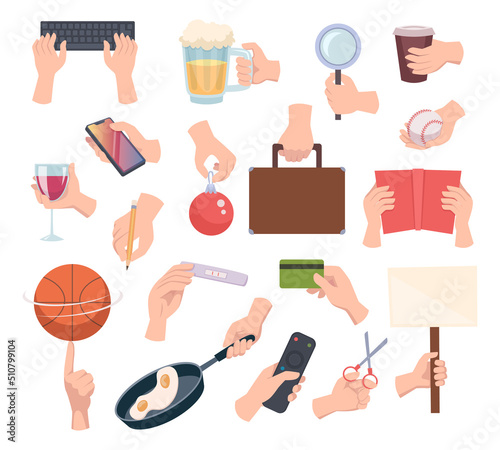 Comics hands. Human body parts hands holding items exact vector cartoon stylized gestures