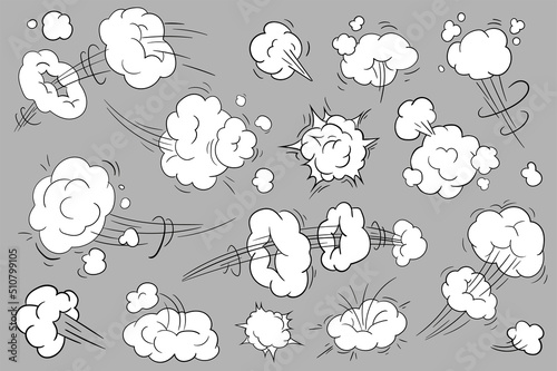 Motion effects in cartoon style set isolated elements. Bundle of cloud movement effects in comic style with lines to express energy, fast moving or throwing trails. Vector illustration in flat design