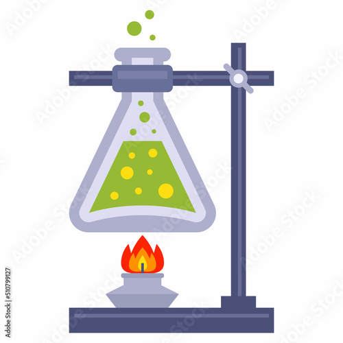conduct chemical research. the burner heats the test tube with the substance. flat vector illustration.