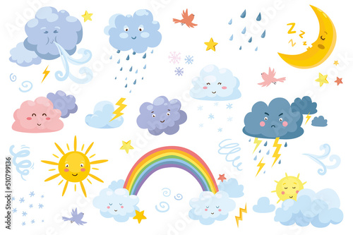 Cute weather symbols in cartoon style set isolated elements. Bundle of rainy clouds, sleeping crescent moon, fluffy cloudiness, rainbow, sun with face emotions. Vector illustration in flat design