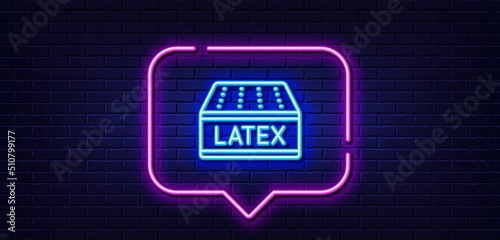 Neon light speech bubble. Mattress line icon. Orthopedic latex pad sign. Breathable sleep bed symbol. Neon light background. Latex mattress glow line. Brick wall banner. Vector