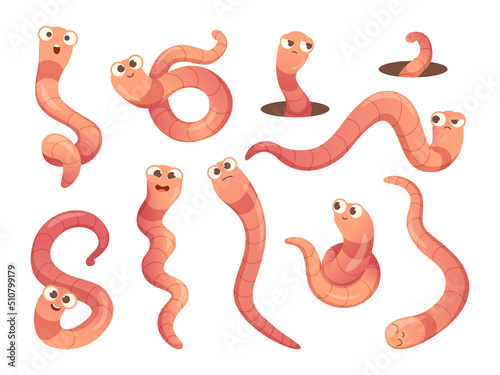 Worms. Cartoon insects in action poses bugs mascot with funny faces creeping crawlers exact vector illustrations