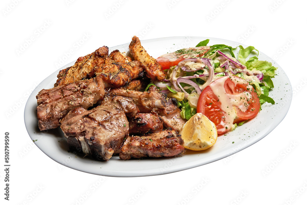 White plate with Mixed meat grilled and salad Isolated