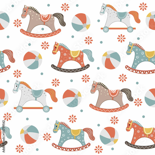 A children's pattern with a wooden horse in the boho style. Color vector illustration