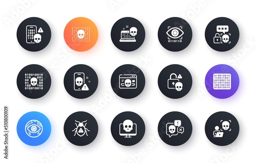 Cyber attack icons. Phishing risk, Data ransomware, Binary code. Hacker attack, Virus secure, Malware bug outicons. Cyber crime, Safe password and Data phishing. System hacking skull. Vector