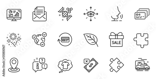 Outline set of T-shirt  Fireworks and Analytics graph line icons for web application. Talk  information  delivery truck outline icon. Include Rejected payment  Chemistry dna  Sale offer icons. Vector