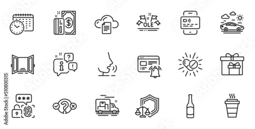 Outline set of Quiz test, Medical drugs and Calendar time line icons for web application. Talk, information, delivery truck outline icon. Include Delivery boxes, Ole chant, Beer icons. Vector