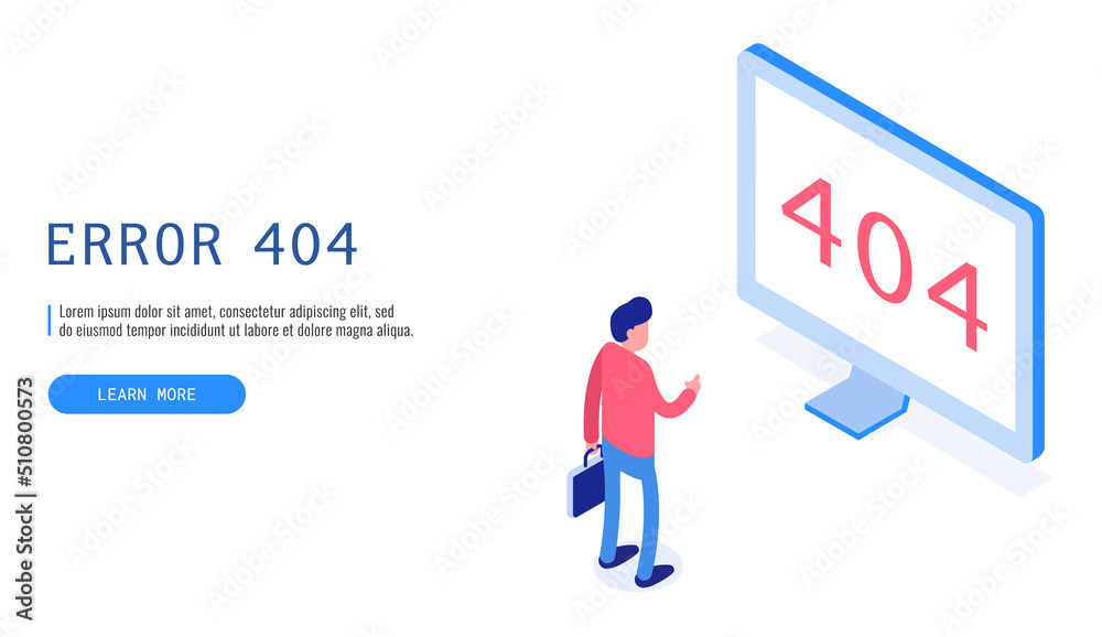 Man watching page not found message on computer. 404 Error. Isometric vector. Man watching page not found message on computer. 404 Error. Isometric vector.