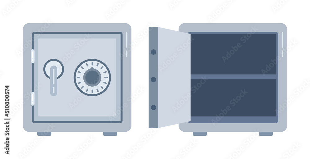 Two bank safes, one closed the other open and empty. Vector illustration. - obrazy, fototapety, plakaty 