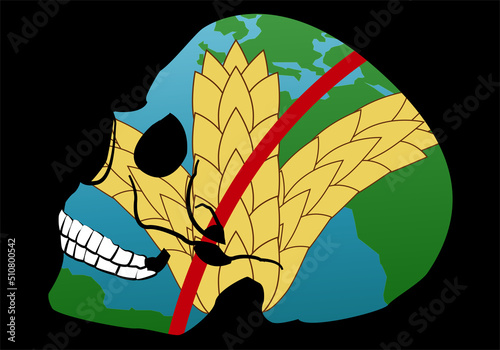 Catástrofe alimentaria. Hambruna global. Falta de cereales en el planeta Tierra dentro de la silueta de una calavera sobre fondo negro