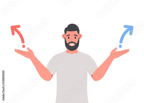 A bearded man spreading outstretched arms trying to choose right or left direction. Choosing concept. Vector flat design.