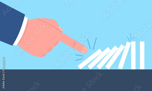 Businessman hand pushing the domino effect. Business concept. Vector illustration..