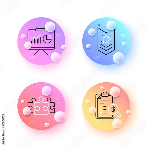 Accounting report, Puzzle and Presentation minimal line icons. 3d spheres or balls buttons. Shoulder strap icons. For web, application, printing. Check finance, Jigsaw, Board with charts. Vector