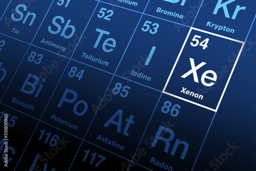 Xenon on periodic table of the elements. Noble gas with symbol Xe from Greek xenon, meaning foreign, and with atomic number 54. Used in lamps, as anesthetic and neutron absorber in nuclear reactors.
