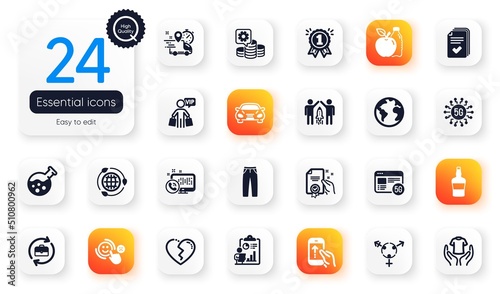 Set of Business flat icons. Human resources, Car and Swipe up elements for web application. Scotch bottle, Reward, Express delivery icons. Web call, Apple, Vip shopping elements. Vector