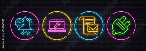 Mail letter, Laptop repair and Time management minimal line icons. Neon laser 3d lights. Electric plug icons. For web, application, printing. Read e-mail, Computer service, Alarm clock. Energy. Vector