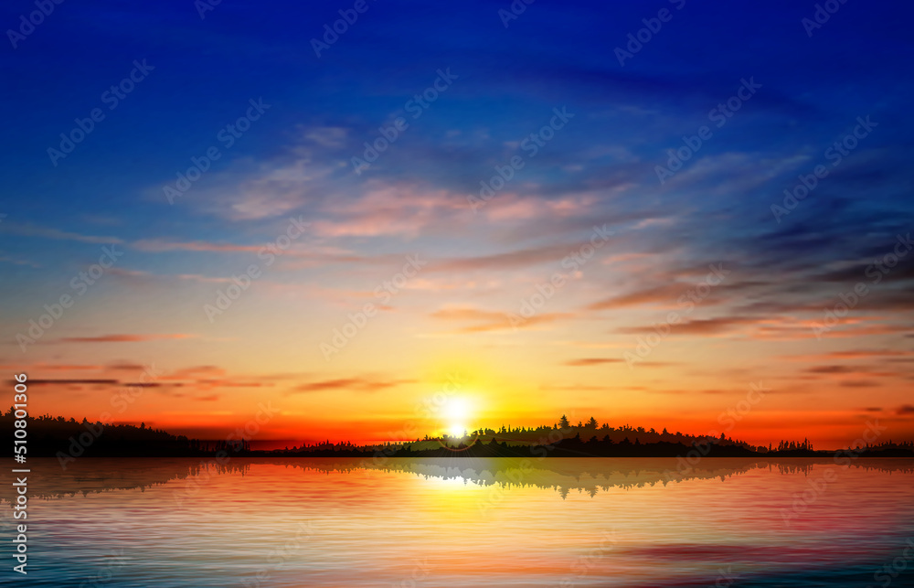 abstract spring background with forest lake clouds and sunrise