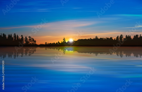 abstract background with forest lake pink clouds and sunrise