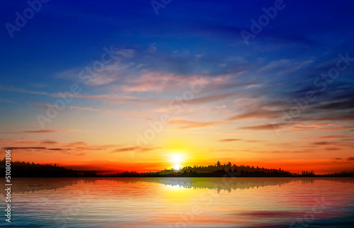 Billede på lærred abstract spring background with forest lake clouds and sunrise