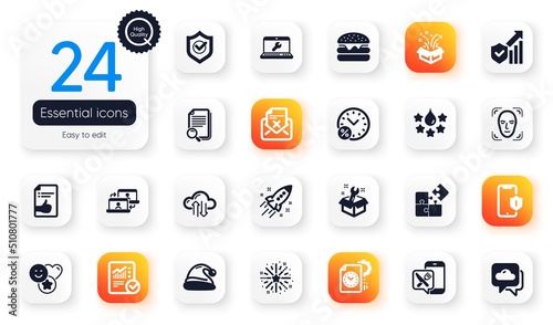 Set of Business flat icons. Project deadline, Quality and Face detection elements for web application. Reject letter, Approved document, Security statistics icons. Outsource work. Vector