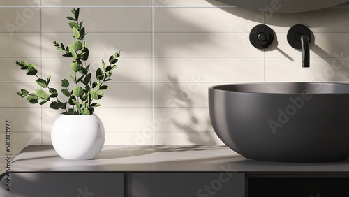 Realistic 3D render, modern round matt gray ceramic wash basin with black faucet on vanity unit. Blank empty space for products display, Morning sunlight, Background, Templates, Countertop, Plants